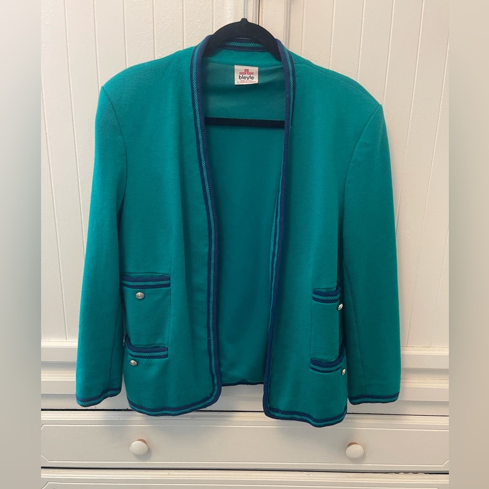 Bleyle Women’s Teal Green with Blue trim Blazer &Pants Vintage Wool Sz 14 Petite - Picture 11 of 16